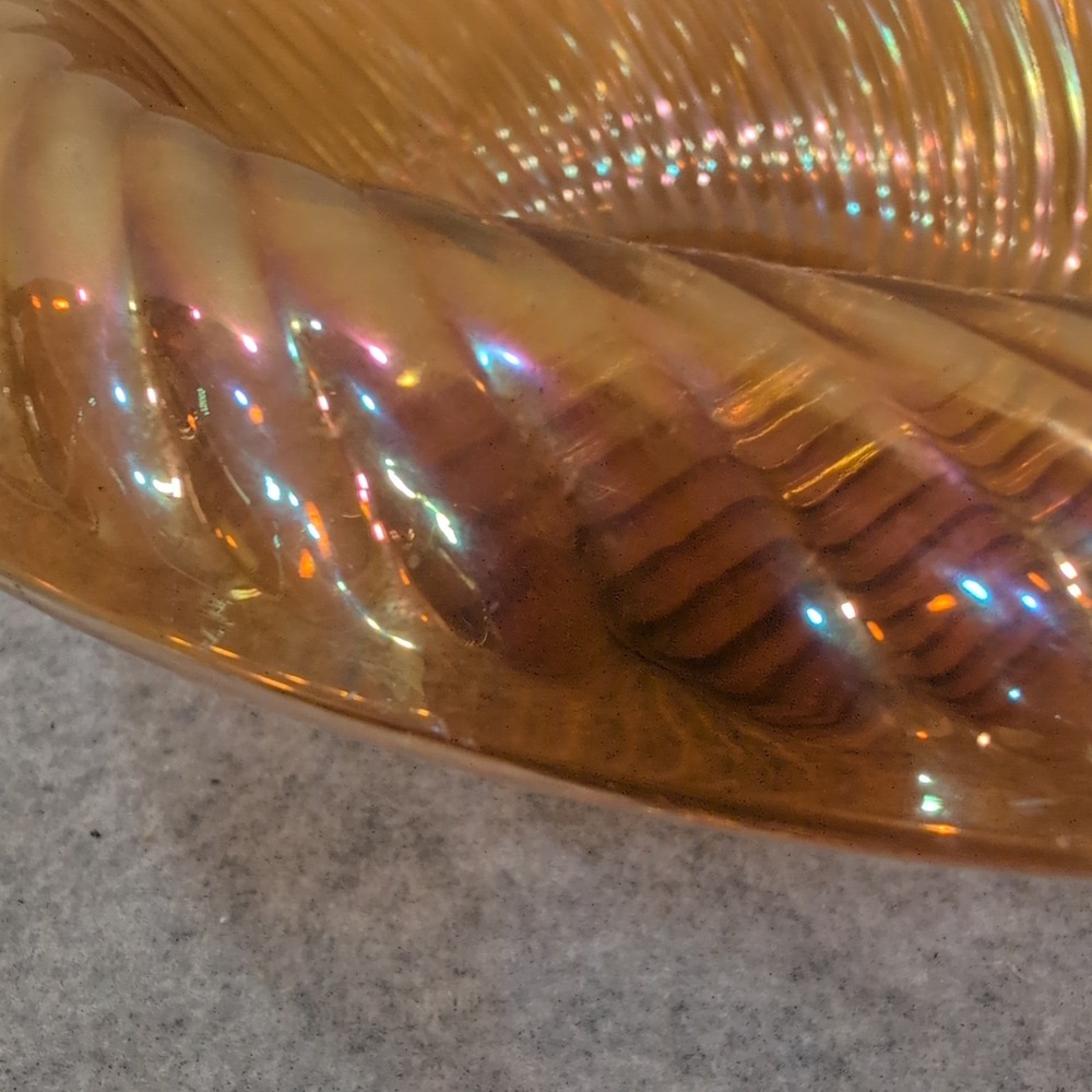 Vintage Marigold Iridescent Carnival Glass Swirl Ribbed Decorative Bowl - Picture 4 of 8